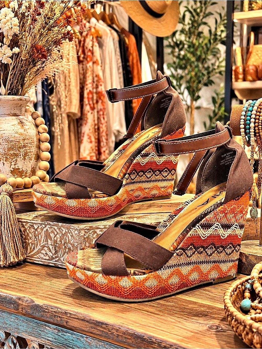 Women's Geometric Wedge Sandals in Brown & Orange